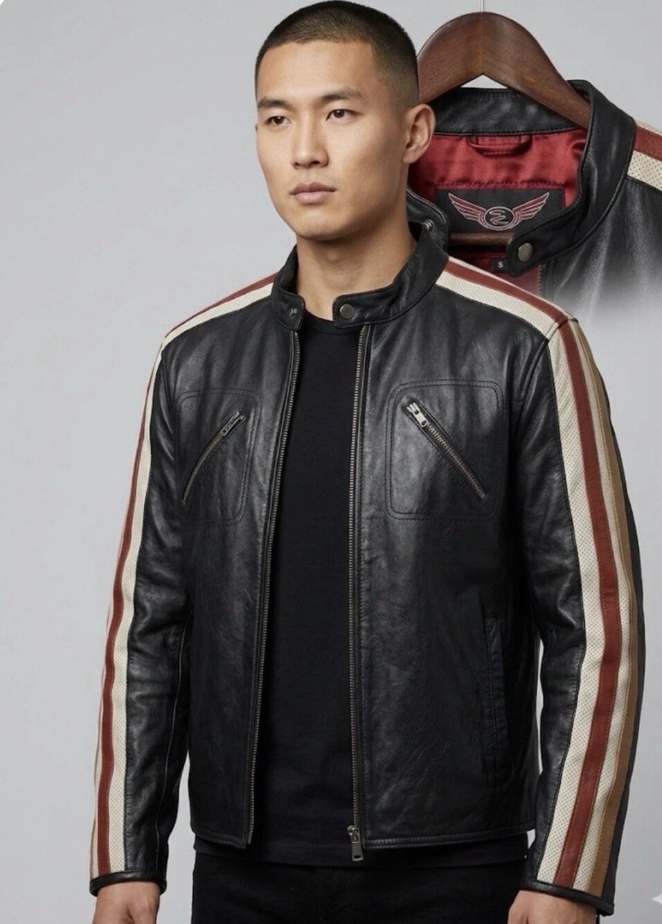 BLACK LEATHER JACKET By STREET LEGAL Men’s Bike Jacket M Red Tan Stripes EUC